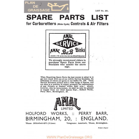 Amal Carburador Lista De Piezas De Repuesto N 351 1930 Ingles
