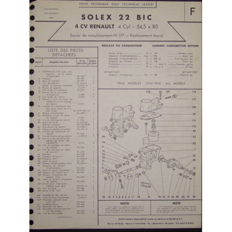 Solex 22 Bic Renault 4cv 1962 2103b