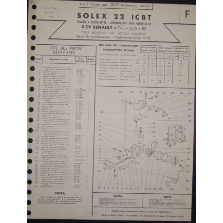 Solex 22 Icbt Renault 4cv 2105 F