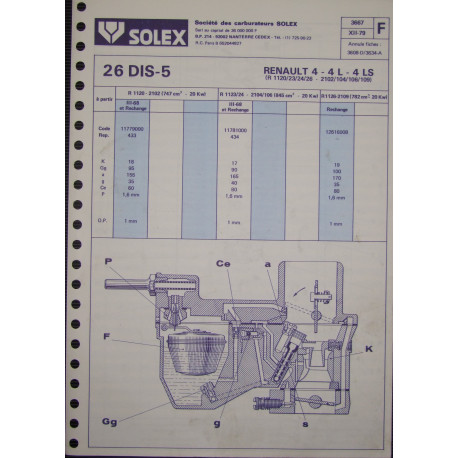 Solex 26 Dis 5 Renault 4 Ls R1120 R2102 R1123 R1126 3667 F