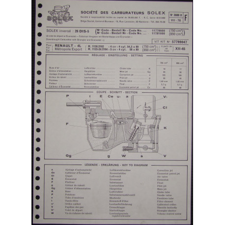 Solex 26 Dis 5renault 4 L Metropole Export R1120 R2102 R1123 R2104 3608d F