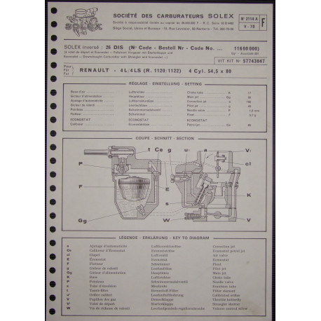 Solex 26 Dis Renault 4 Ls R1120 R1122 2114a F