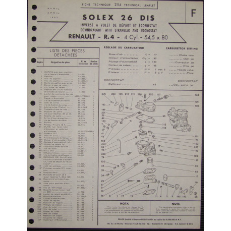 Solex 26 Dis Renault R4 1963 2114 F