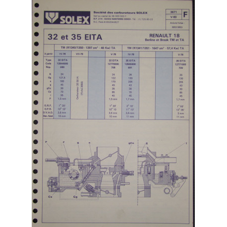 Solex 32 35 Eita Renault 18 Tm Ta R1340 R1350 R1341 R1351 3671 F