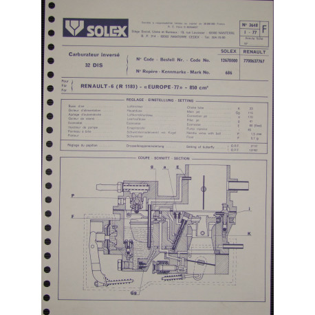 Solex 32 Dis Renault 6 R1180 3648 F