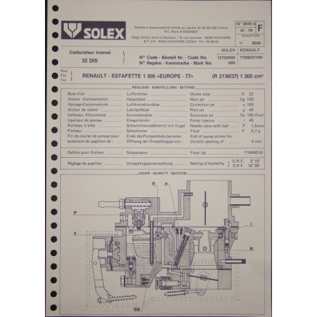 Solex 32 Dis Renault Estafette 1300 Europe 77 R2136 3649a F