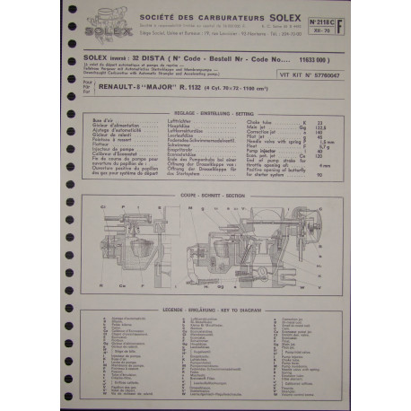 Solex 32 Dista Renault 8 Major R1132 2118c F