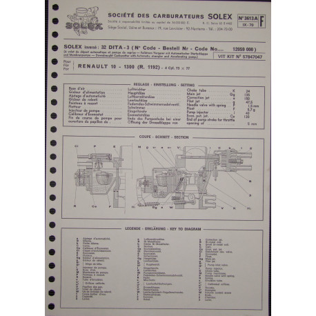 Solex 32 Dita 3 Renault 10 1300 R1192 3613a F