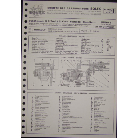 Solex 32 Dita 3 Renault 8 Major 10 R1190 R1132 3602c F