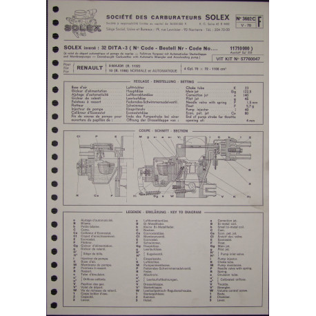 Solex 32 Dita 3 Renault 8 Major 11 R1132 R1190 3602c F