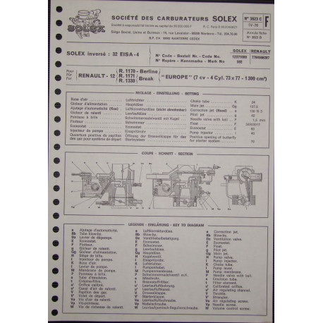 Solex 32 Eisa 4 Renault 12 R1170 R1171 R1330 3623c F