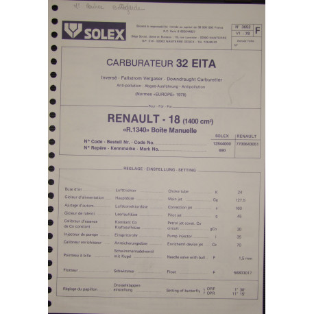 Solex 32 Eita Renault 18 1400 R1340 3652 F