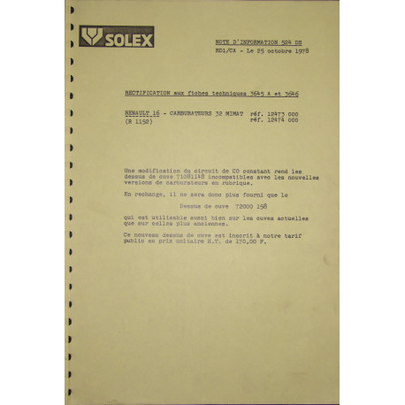 Solex 32 Mimat Renault 16 3645a 3646 Nd524ds
