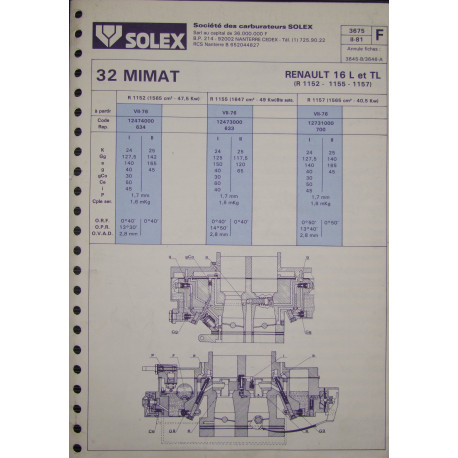 Solex 32 Mimat Renault 16 L Tl 3675 F