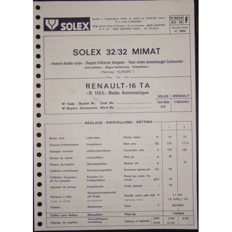 Solex 32 Mimat Renault 16 Ta R1153 3646a F