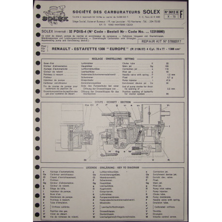 Solex 32 Pdis 4 Renault Estafette 1300 Europe R2136 R2137 3612a F