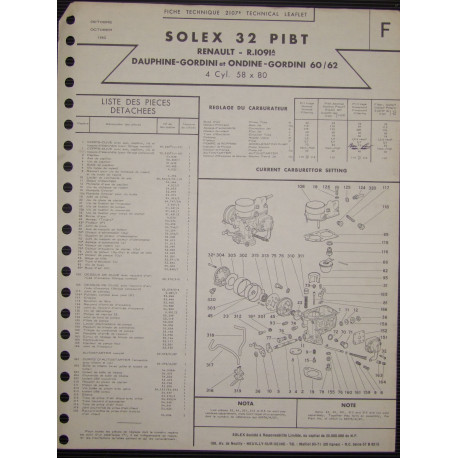 Solex 32 Pibt Renault Dauphine Gordine Ondine R1091a 2107b