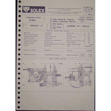 Solex 32 Seia Renault 12 R1170 R1171 R1330 3641b F