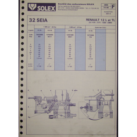 Solex 32 Seia Renault 12 Tl R1170 R1171 R1330 R2360 3666 F