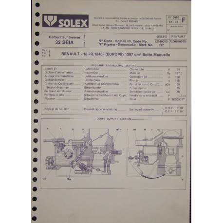 Solex 32 Seia Renault 18 R1340 Europe 3655 F