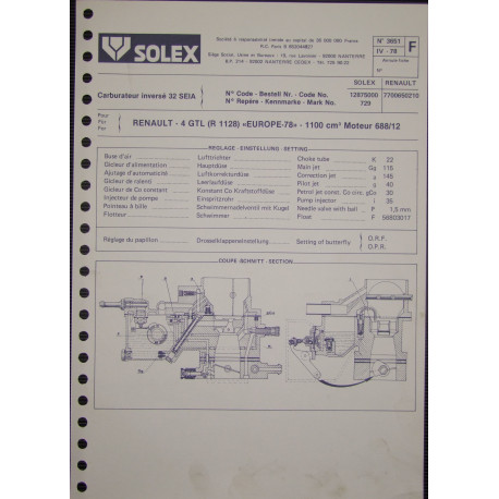 Solex 32 Seia Renault 4 Gtl R1128 3651 F
