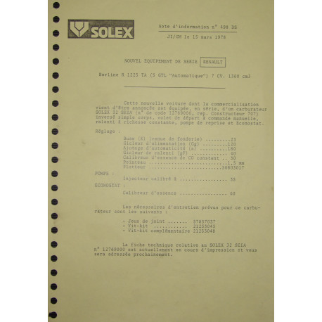 Solex 32 Seia Renault 5 Gtl R1225 Nd498ds