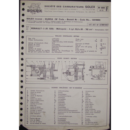 Solex 32 Seia Renault 5 R1220 3626 F Iii72