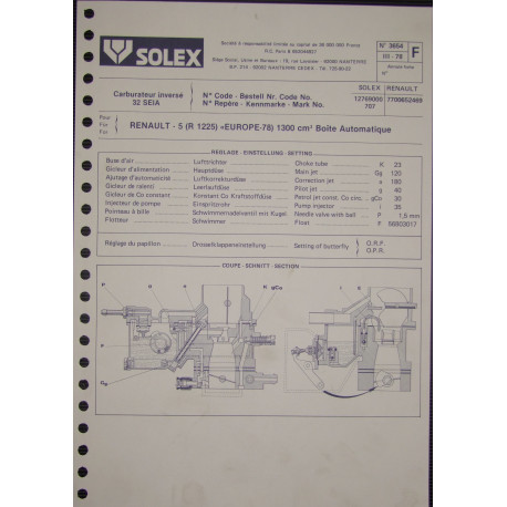 Solex 32 Seia Renault 5 R1225 3654 F