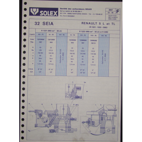 Solex 32 Seia Renault 5 Tl R1221 R1222 R2382 3657 F