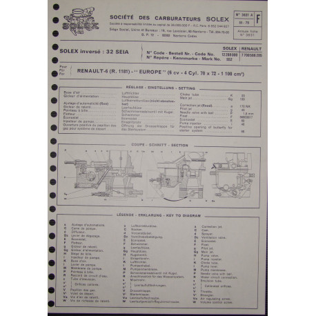 Solex 32 Seia Renault 6 R1181 3631a F