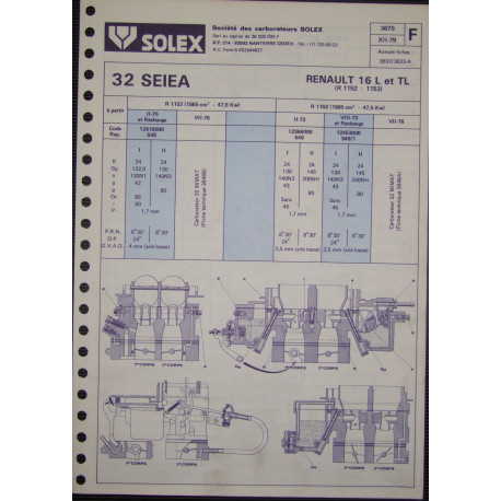 Solex 32 Seiea Renault 16 Tl R1152 R1153 3670 F