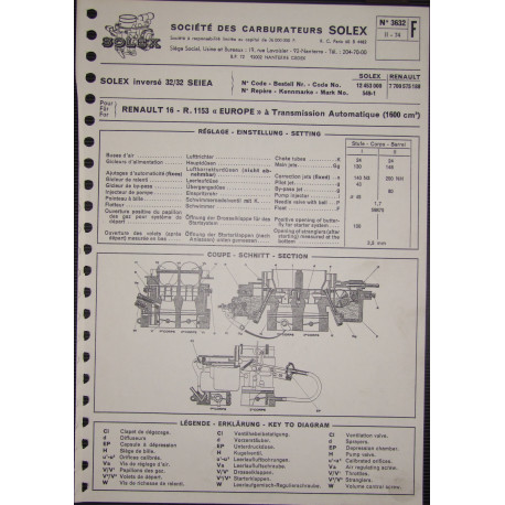 Solex 32 Seiea Renault 16r1153 1600 3632 F
