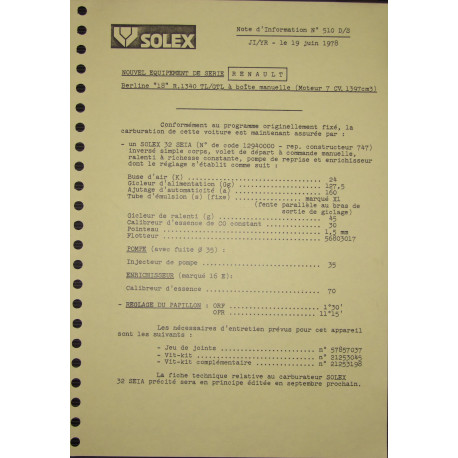 Solex 32 Seta Renault R1340 Tl Gtl R18 Nd510ds