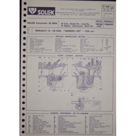 Solex 32 Sha Renault 14 R1210 3643 F