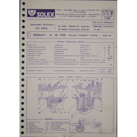 Solex 32 Sha Renault 14 R1210 3643a F
