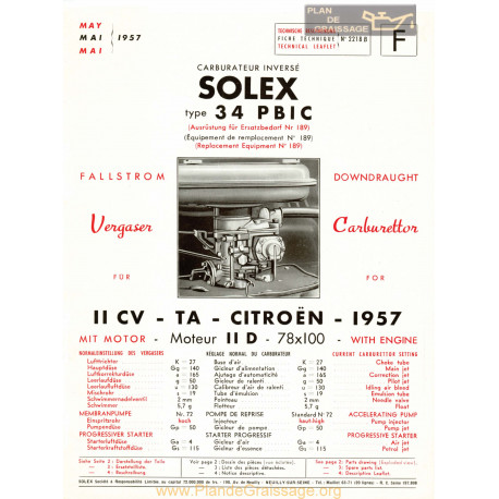 Solex 34 Pbic Citroen 11cv 1957
