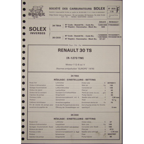 Solex 34 Tbia 35 Ceei Renault 30 Ts R1273 3635 F