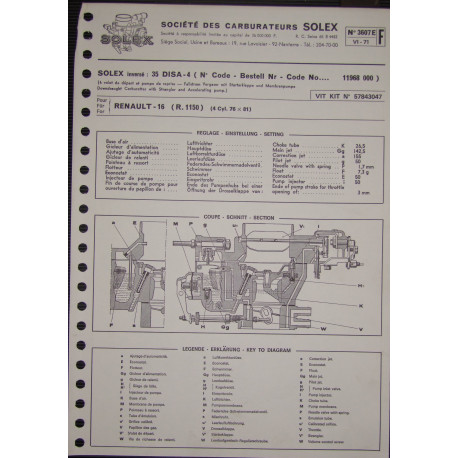 Solex 35 Disa 4 Renault 16 R1150 3607e F