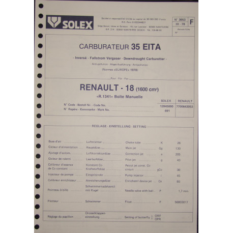 Solex 35 Eita Renault 18 1600 R1341 3653 F