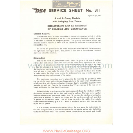 Bsa Service Sheet N 311 P1956 Montaje Y Desmontaje Caja Cambio Modelos Grupo  A Y B Ingles