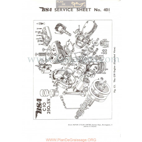 Bsa Service Sheet N 401 P1956 Despiece Motor C10 250cc Sv Ingles
