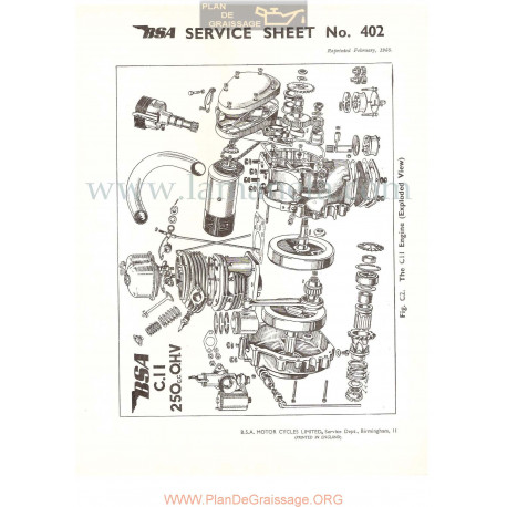Bsa Service Sheet N 402 P1956 Despiece Motor C11 250cc Ohv Ingles