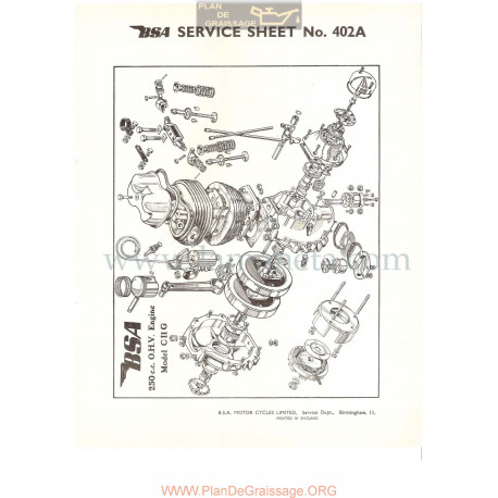 Bsa Service Sheet N 402a P1956 Despiece Motor C11g 250cc Ohv Ingles