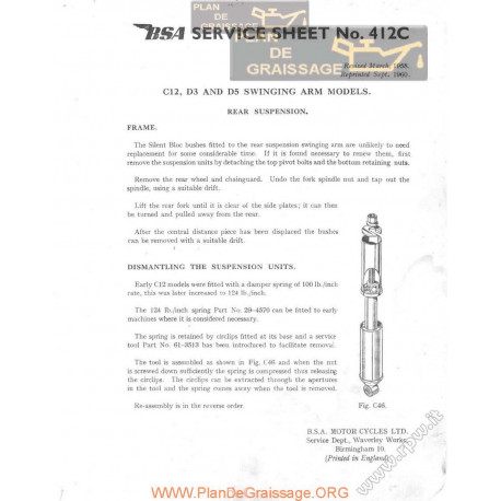 Bsa Service Sheet N 412c P1960 C12 D3 D5 Dxinging Suspension
