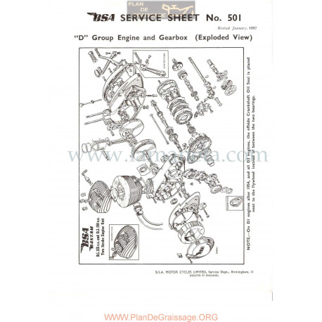Bsa Service Sheet N 501 P1956 Despiece Motor Y Caja Cambio Modelos Grupo D Ingles