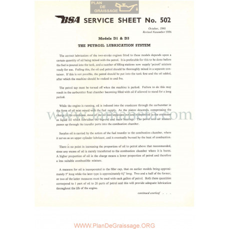 Bsa Service Sheet N 502 P1956 Sistema Lubricacion Modelos Grupo  D1 Y D3 Ingles