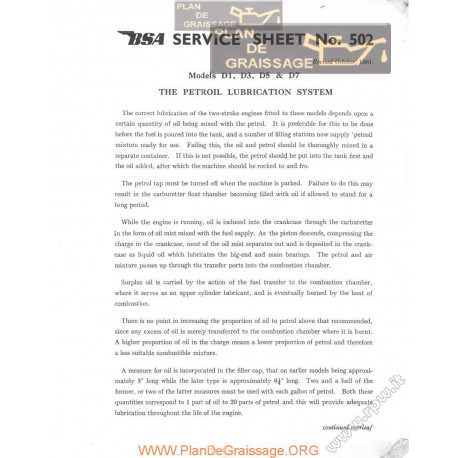 Bsa Service Sheet N 502 P1961 D1 D3 D5 D7 Petroil Lubrication System