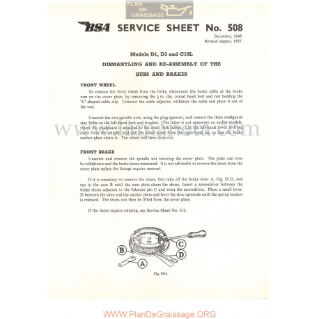 Bsa Service Sheet N 508 P1956 Desmonatje Y Montaje Carretes Y Frenos Modelos Grupo  D1 D3 Y C10l Ingles