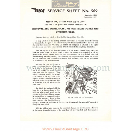 Bsa Service Sheet N 509 P1956 Desmontaje Horquilla Y Dirección Modelos Grupo D1 D3 Y C10l Ingles