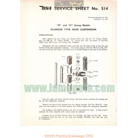 Bsa Service Sheet N 514 P1958 D C Plunger Rear Suspension